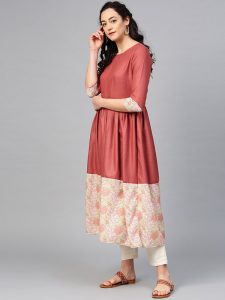 Women Rust Brown & Pink Solid A-Line Kurta with Printed Detail