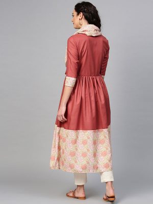 Women Rust Brown & Pink Solid A-Line Kurta with Printed Detail