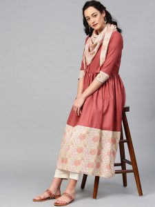 Women Rust Brown & Pink Solid A-Line Kurta