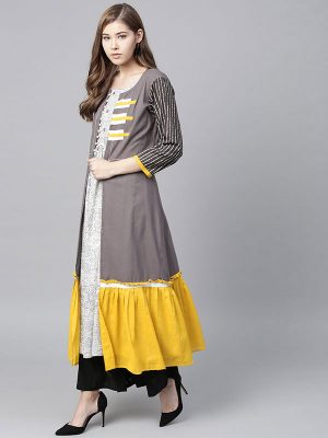 Women White & Grey Printed A-Line Layered Kurta