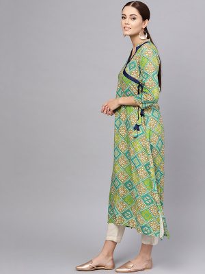 Women Green Printed A-Line Kurta