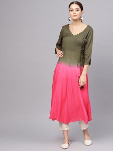 Women Olive Green & Pink Dyed Angrakha A-Line Kurta