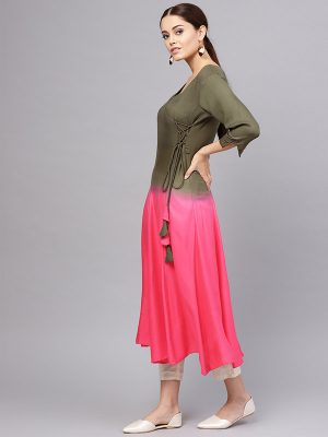 Women Olive Green & Pink Dyed Angrakha A-Line Kurta