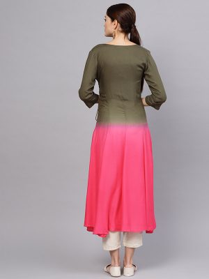 Women Olive Green & Pink Dyed Angrakha A-Line Kurta