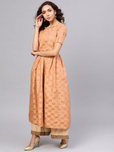 Women Peach-Coloured & Golden Woven Design A-Line Kurta