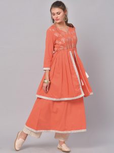 Women Orange & White Printed Anarkali Kurta