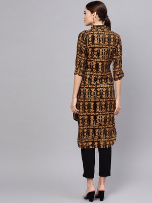 Women Brown & Black Printed Straight Kurta