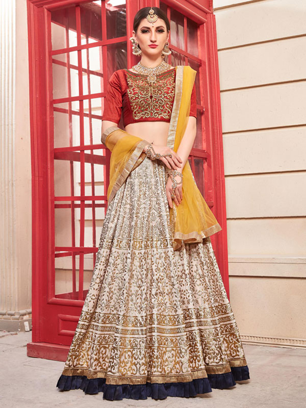 Organza Lehenga Choli with Embroidered in Cream - LC6604