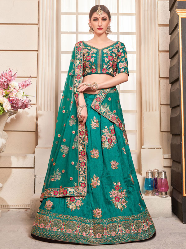 Teal Blue Color Dori And Sequins Work Base Lehenga Choli online