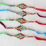 Combo of Five Diamond Studded Dial with Zardosi Strings Rakhi