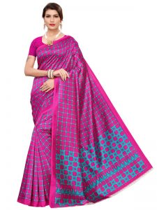 Silk Checks Pink Art Silk Printed Saree With Blouse