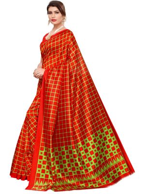 Silk Checks Red Art Silk Printed Saree With Blouse