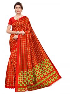 Silk Checks Red Art Silk Printed Saree With Blouse