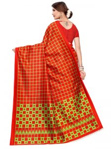 Silk Checks Red Art Silk Printed Saree With Blouse