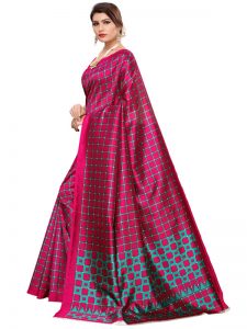 Silk Checks Wine Art Silk Printed Saree With Blouse