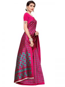 Silk Checks Wine Art Silk Printed Saree With Blouse