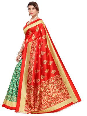 Urban Red Green Art Silk Printed Saree With Blouse