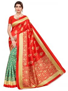 Urban Red Green Art Silk Printed Saree With Blouse