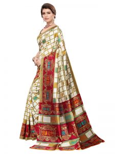 Valentine White Red Art Silk Printed Saree With Blouse