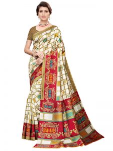 Valentine White Red Art Silk Printed Saree With Blouse