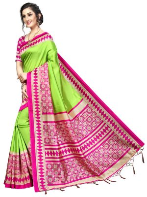 Biba Green Banarasi Art Silk Printed Saree With Blouse