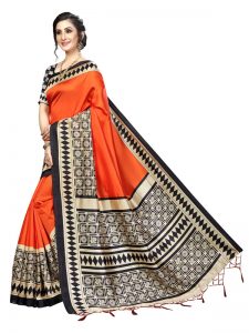 Biba Orange Banarasi Art Silk Printed Saree With Blouse