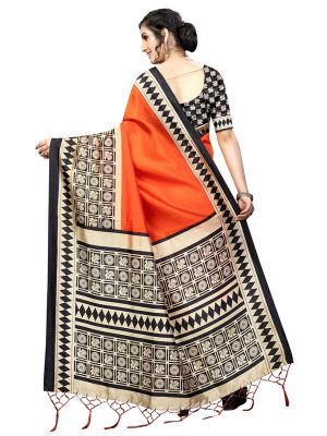 Biba Orange Banarasi Art Silk Printed Saree With Blouse