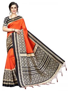 Biba Orange Banarasi Art Silk Printed Saree With Blouse