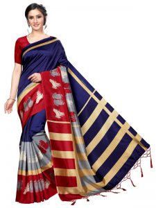 Finger Navy Banarasi Art Silk Printed Saree With Blouse