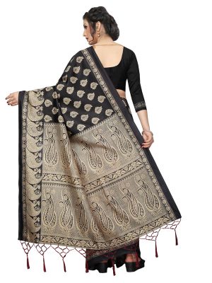 Gulmohar Black Red Banarasi Art Silk Printed Saree With Blouse