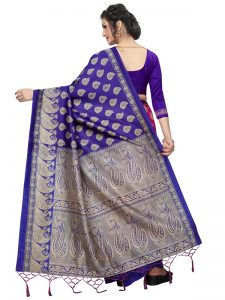 Gulmohar Blue Pink Banarasi Art Silk Printed Saree With Blouse