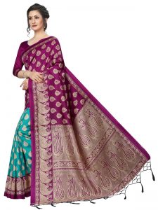 Gulmohar Wine Rama Banarasi Art Silk Printed Saree With Blouse