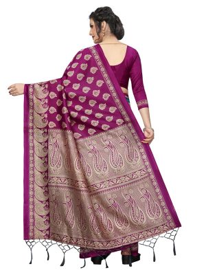 Gulmohar Wine Rama Banarasi Art Silk Printed Saree With Blouse