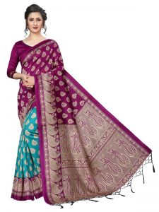 Gulmohar Wine Rama Banarasi Art Silk Printed Saree With Blouse