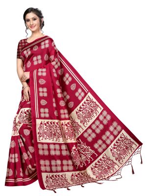 Hyundai Red Banarasi Art Silk Printed Saree With Blouse