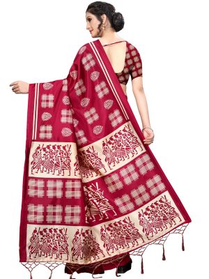 Hyundai Red Banarasi Art Silk Printed Saree With Blouse