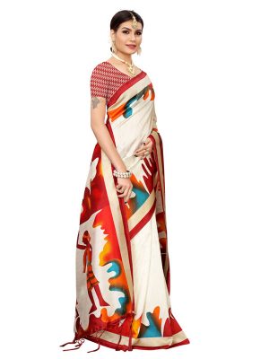 Phulkari Maroon Banarasi Art Silk Printed Saree With Blouse