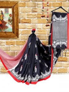 Silver Black Banarasi Art Silk Printed Saree With Blouse