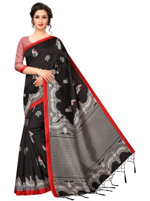 Silver Black Banarasi Art Silk Printed Saree With Blouse