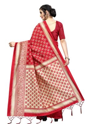 Star Red Black Banarasi Art Silk Printed Saree With Blouse