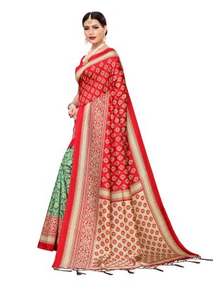 Star Red Rama Banarasi Art Silk Printed Saree With Blouse