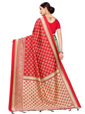 Star Red Rama Banarasi Art Silk Printed Saree With Blouse