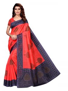 Dhamaal Peach Bhagalpuri Silk Printed Saree With Blouse