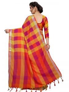 Alpha Checks Magenta Cotton Polyester Silk Weaving Saree With Blouse