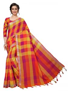 Alpha Checks Magenta Cotton Polyester Silk Weaving Saree With Blouse