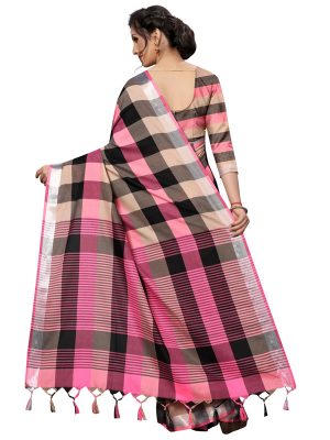 Alpha Checks Pink Cotton Polyester Silk Weaving Saree With Blouse