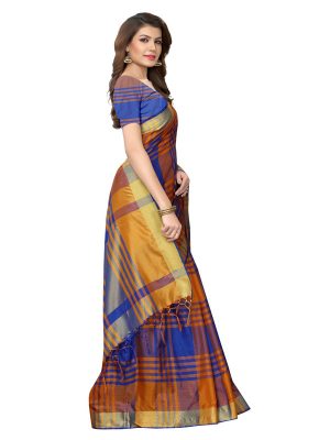 Block Blue Cotton Polyester Silk Weaving Saree With Blouse