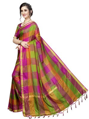 Ikkat Checks Pink Cotton Polyester Silk Weaving Saree With Blouse