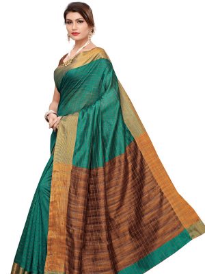 Ikkat Chokda Green Cotton Polyester Silk Weaving Saree With Blouse