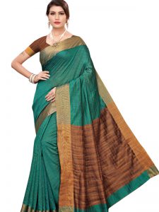 Ikkat Chokda Green Cotton Polyester Silk Weaving Saree With Blouse